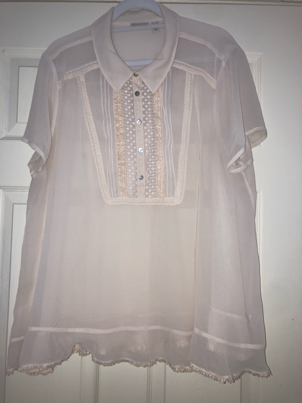 LOGO by Lori Goldstein Sheer Blush Short-Sleeve Blouse with Lace Bib